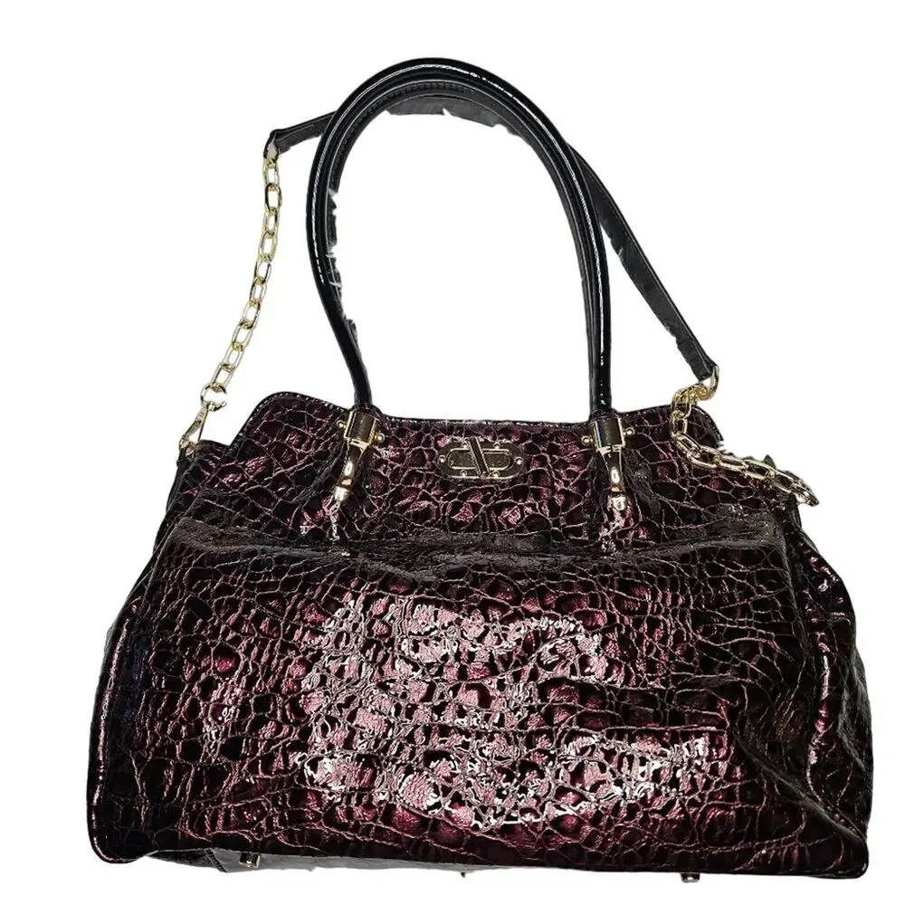 Feimina Leather Handbag Shoulder Strap Crocodile Red With Black and Gold